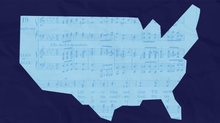 Graphic with a map of the outline of the United States with musical notes placed throughout on top.